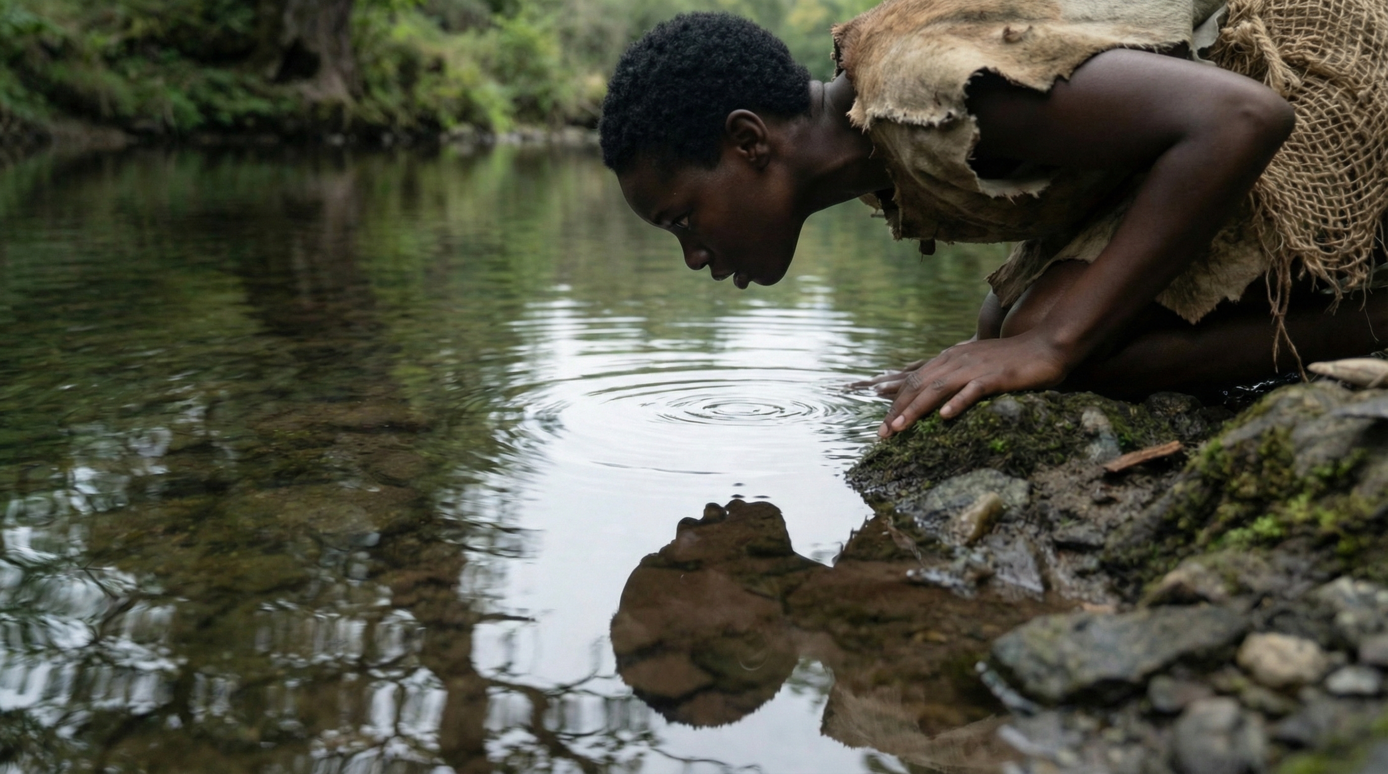Person kneeling at water's edge gazing at reflection